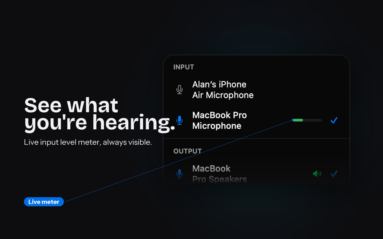 Pickr's live input level meter beside the active microphone