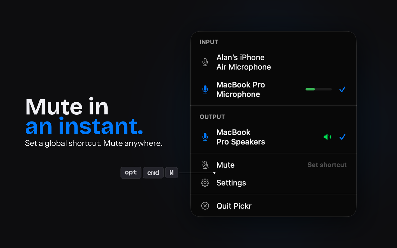 Pickr's mute row with its assigned global keyboard shortcut