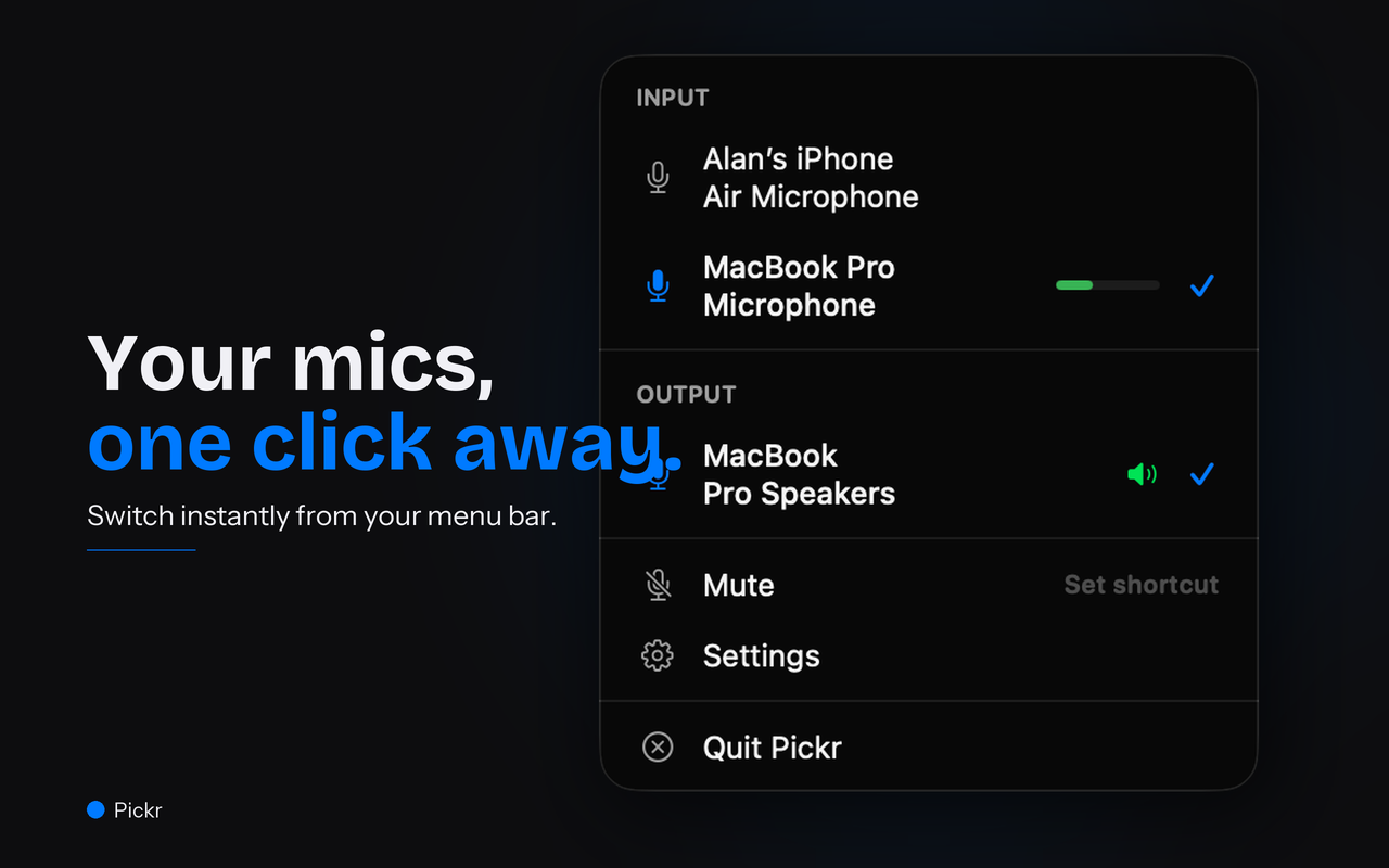 Pickr's input device list in the macOS menu bar